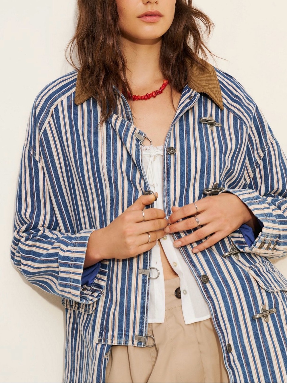 Striped Blue & White Barn Jacket with Contrast Corduroy Collar